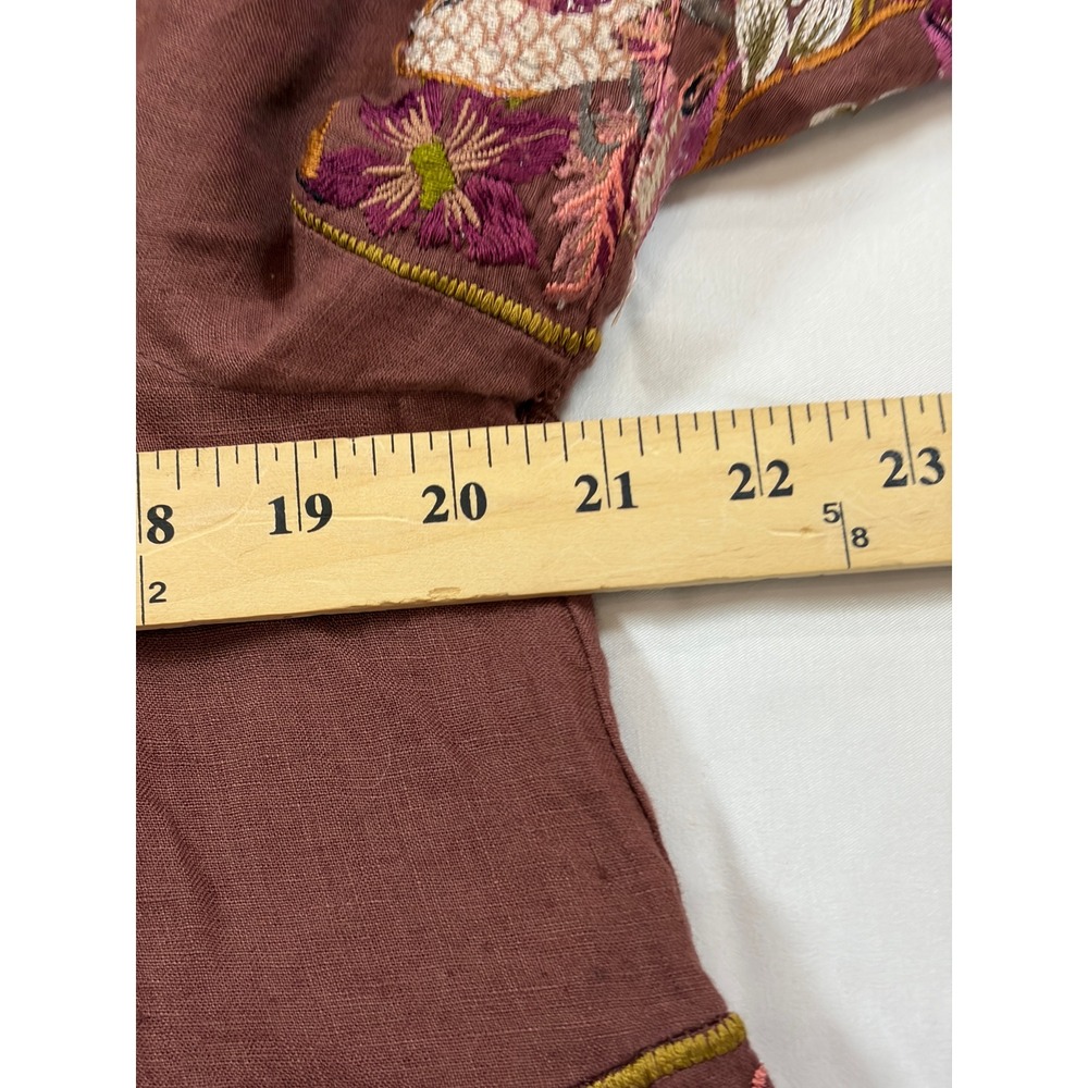 Sundance Brown Embroidered Linen Bird Floral Peasant Blouse PM Boho Fringe Top - Picture 8 of 11